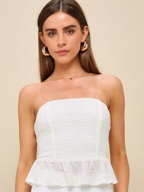 NWT Lulus Adorable Character Cream Textured Strapless Tie-back Top Beige | M